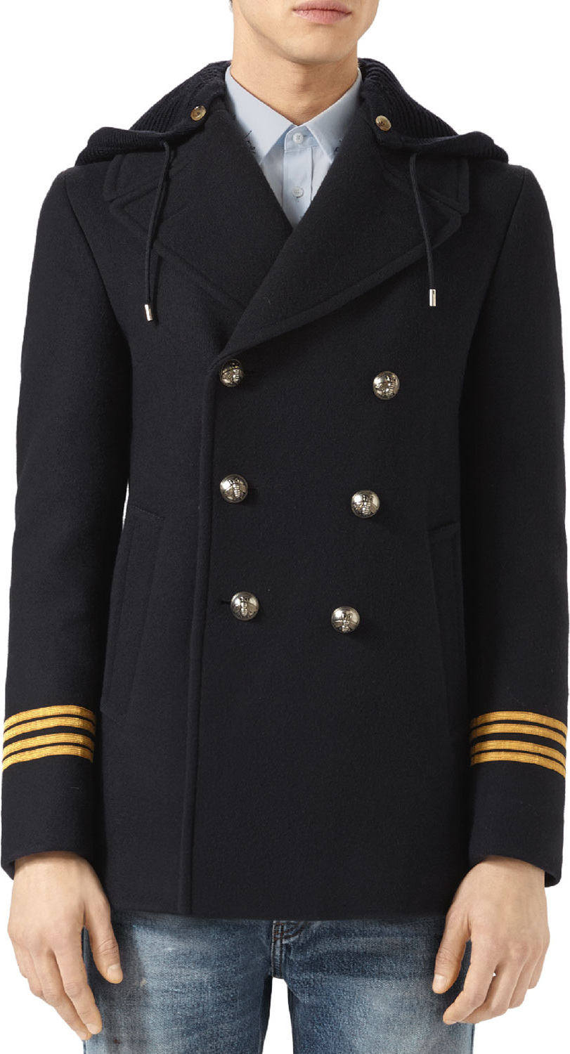 Gucci Twill Wool Pea Coat with Dragon Embroidery