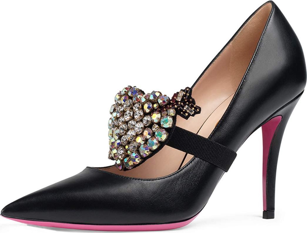 Gucci 95mm Virginia Leather Pump with Crystal Heart