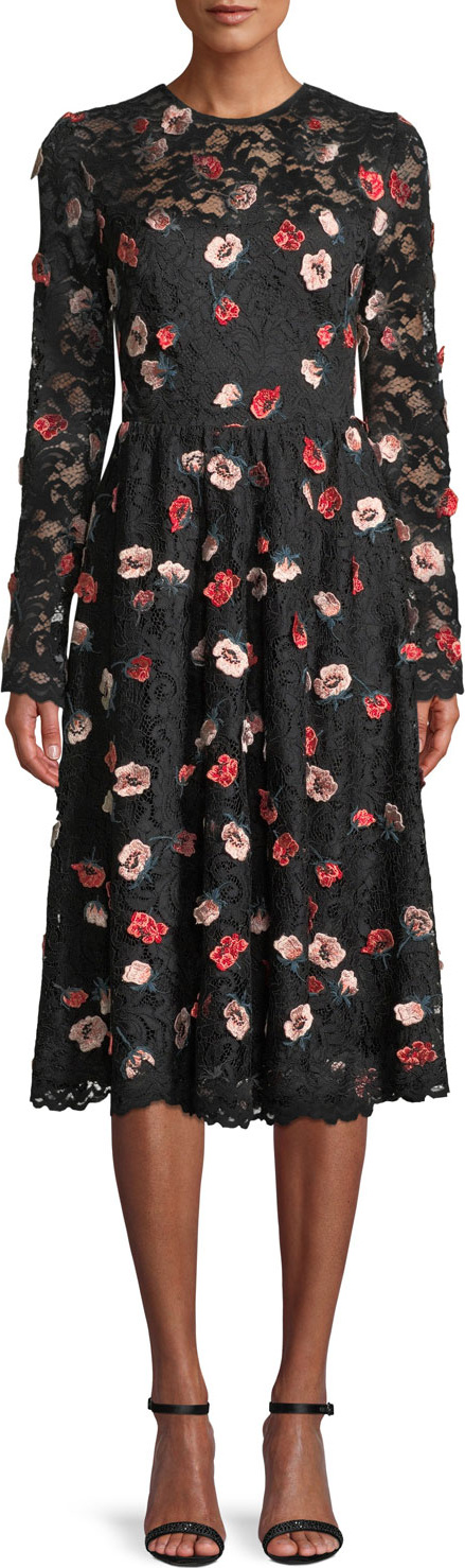 Lela Rose Long-Sleeve Fit-and-Flare Floral-Embroidered Lace Dress