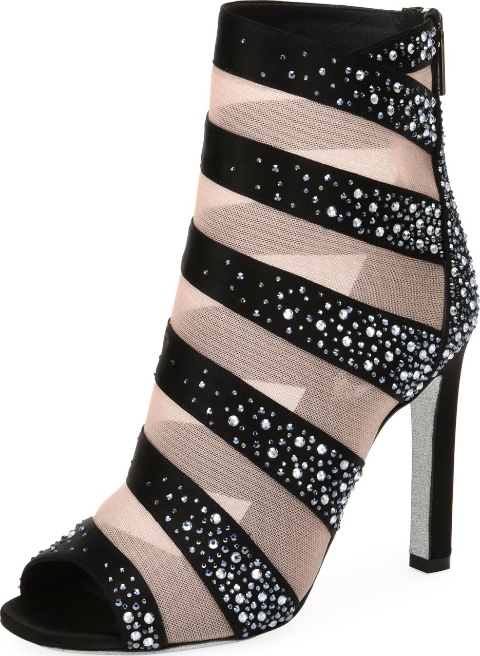 Rene Caovilla Striped Mesh Crystal-Trimmed Open-Toe Booties