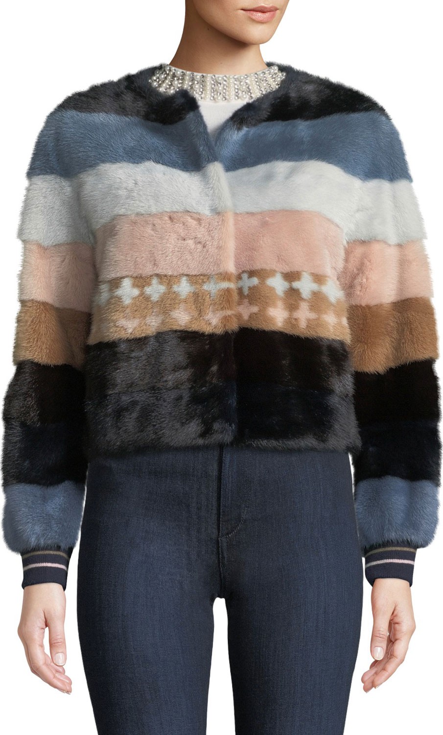 Belle Fare Striped Mink Fur Baseball Jacket