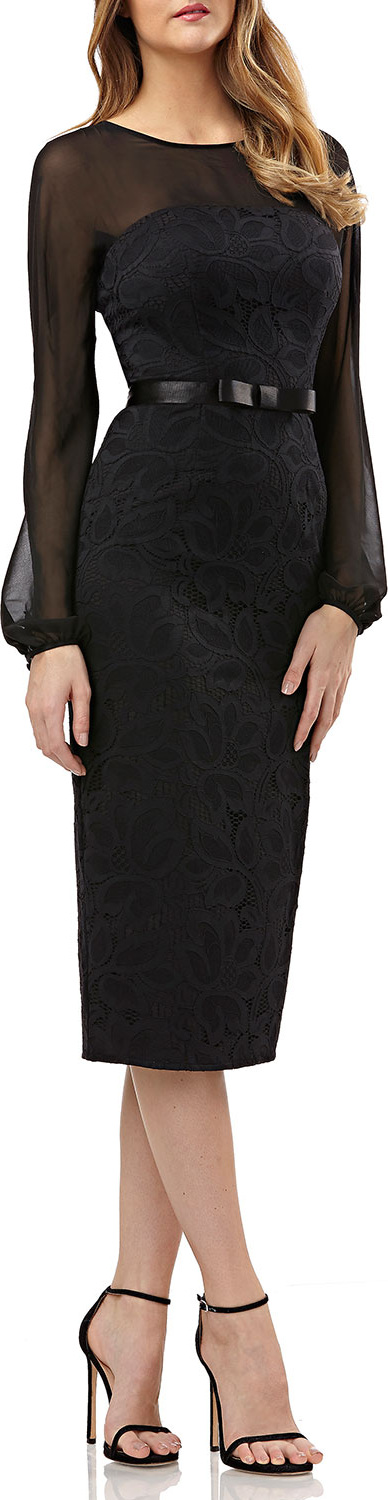 Kay Unger Long-Sleeve Belted Dress in Lace & Chiffon