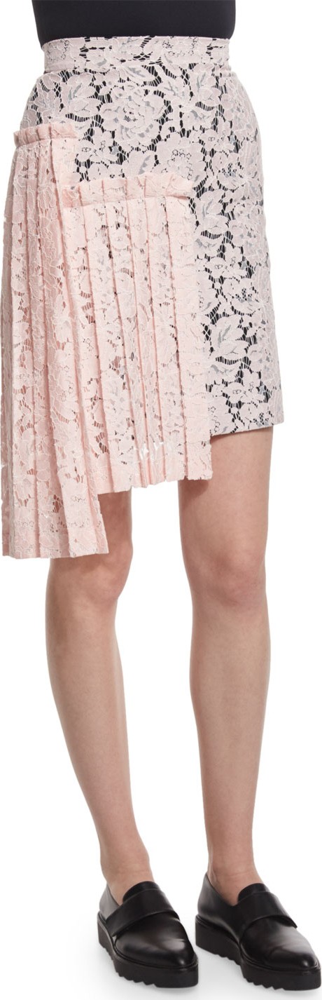 MSGM Lace Asymmetric-Pleated Pencil Skirt, Pink