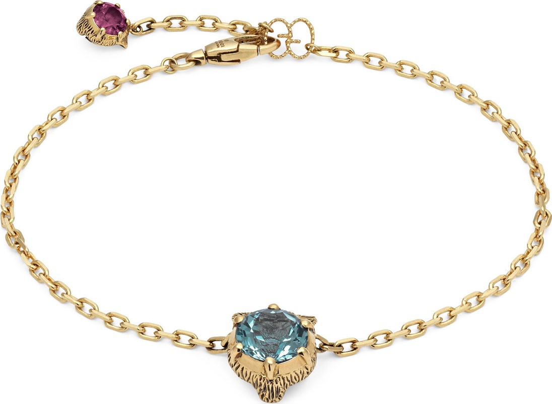 Gucci 18k Gold Le Marche des Merveilles Aqua/Pink Feline Chain Bracelet