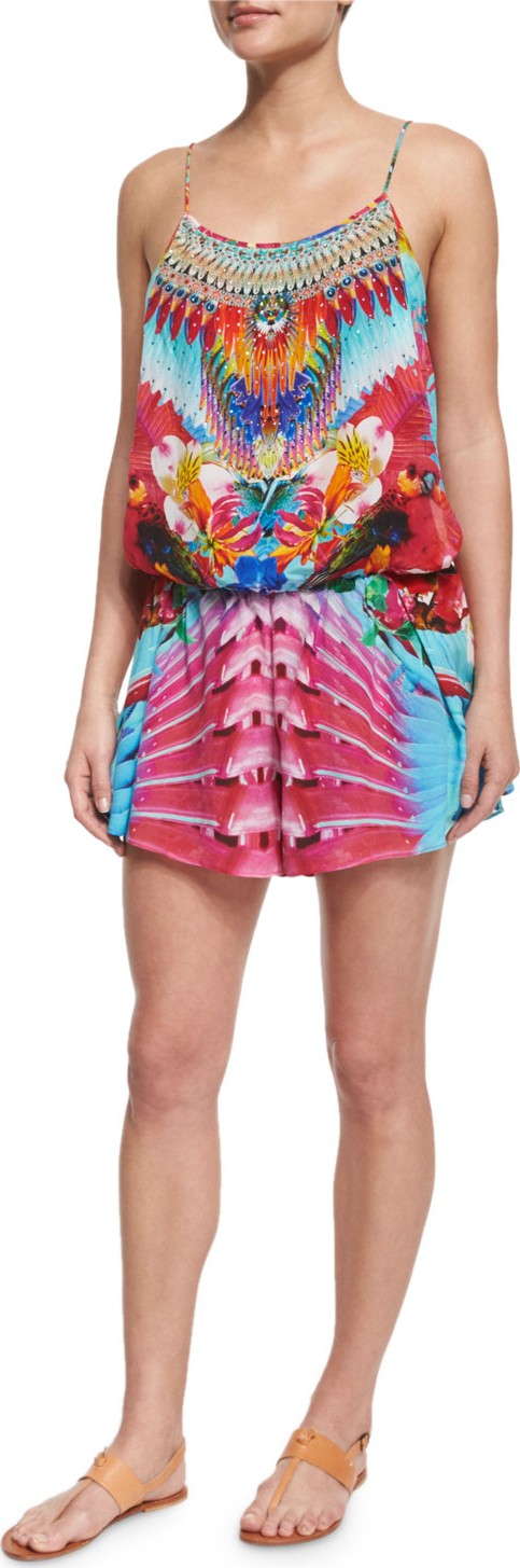 Camilla Printed Beaded Short Romper Coverup