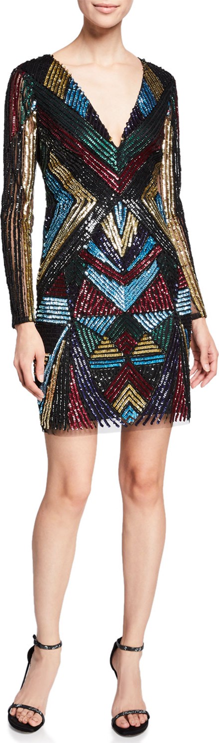 Aidan by Aidan Mattox V-Neck Long-Sleeve Geometric-Beaded Cocktail Dress