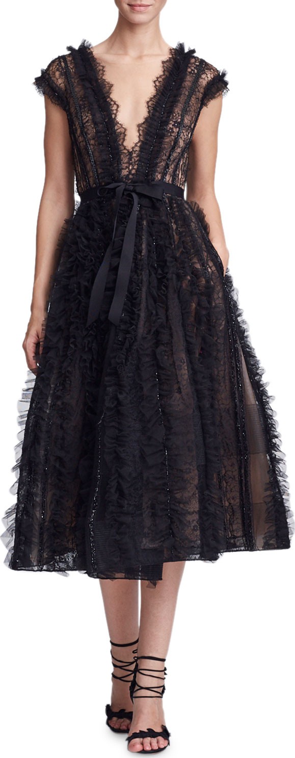 Marchesa Plunging V-Neck Lace & Ruffled Cocktail Dress