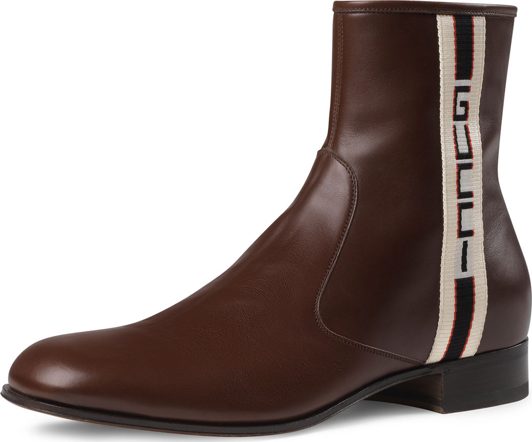 Gucci Men's Bonnie Leather Boots with Logo Taping
