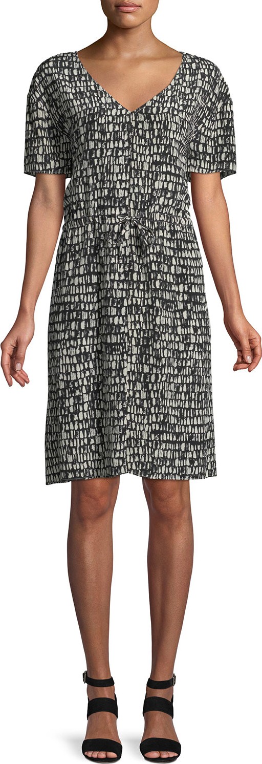 Eileen Fisher Printed Silk Drawstring-Waist Dress