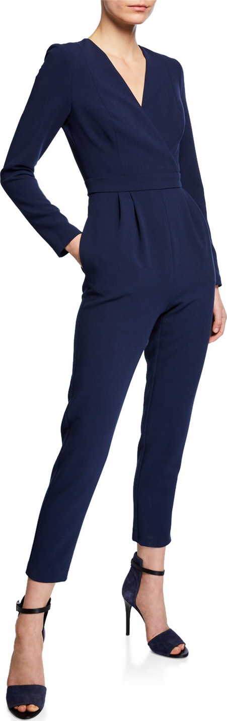 Black Halo Andie Long-Sleeve Faux-Wrap Straight-Leg Cropped Jumpsuit