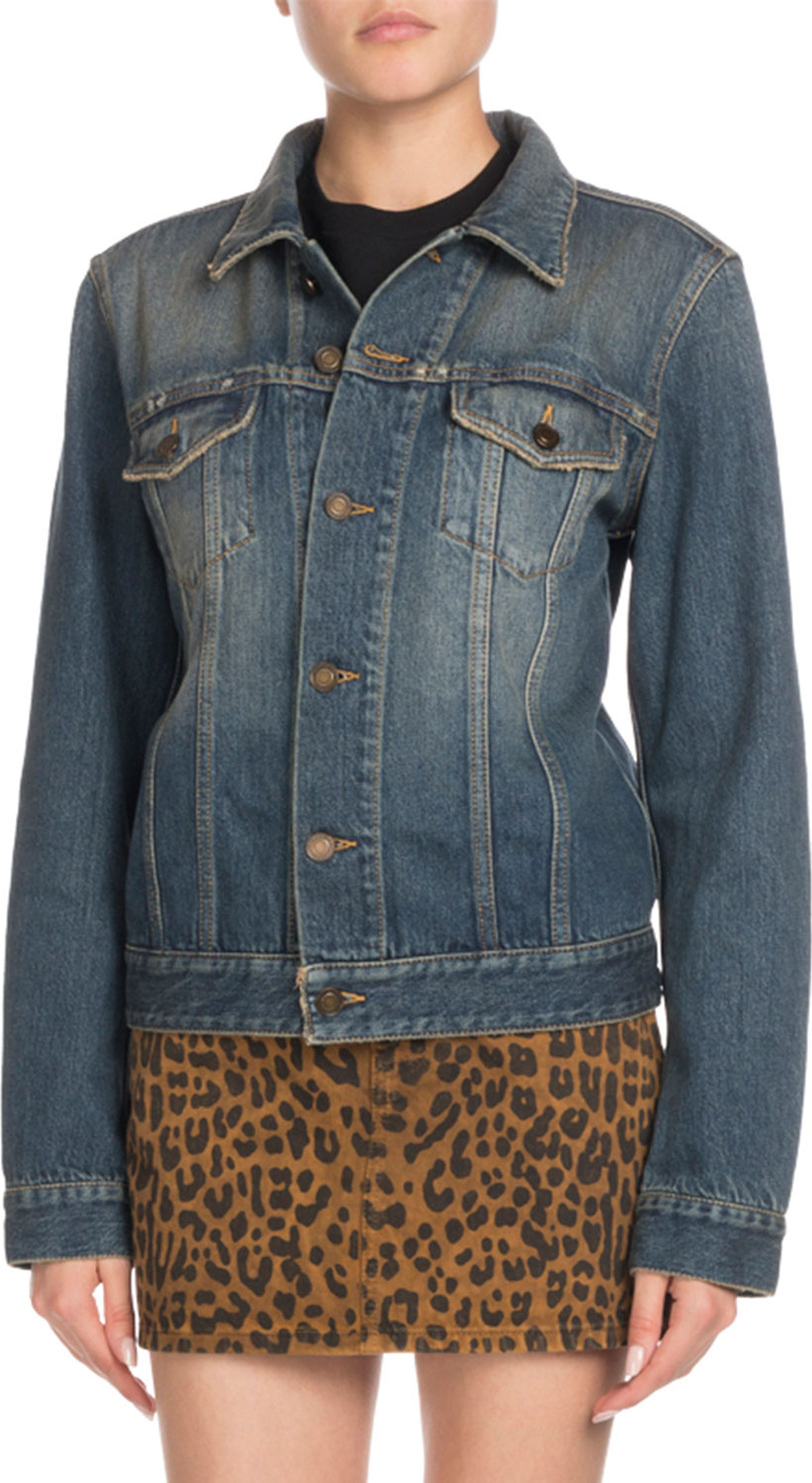 Saint Laurent Button-Front Long-Sleeve Denim Jacket w/ University Emblem Print on Back