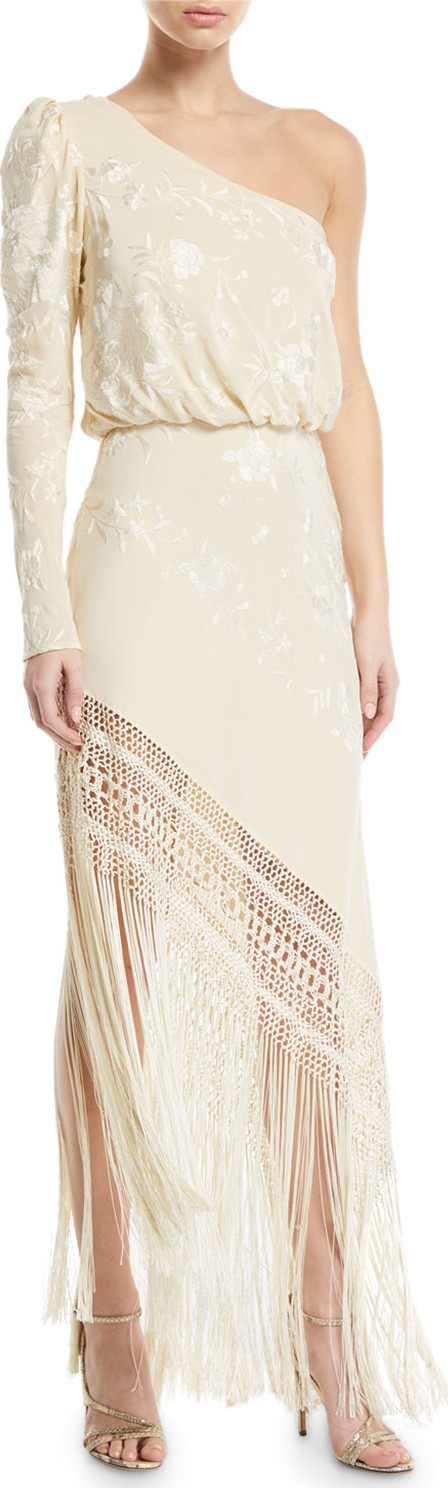 Johanna Ortiz One-Shoulder Floral Jacquard Fringed Dress