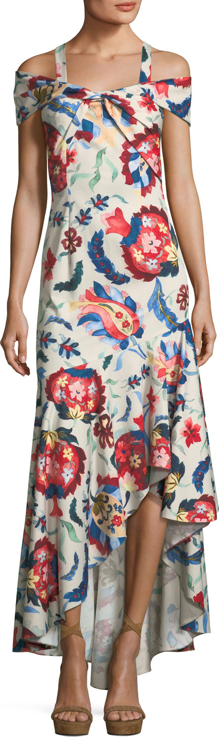 Sachin & Babi Heritage Cold-Shoulder Flounce-Hem Gown