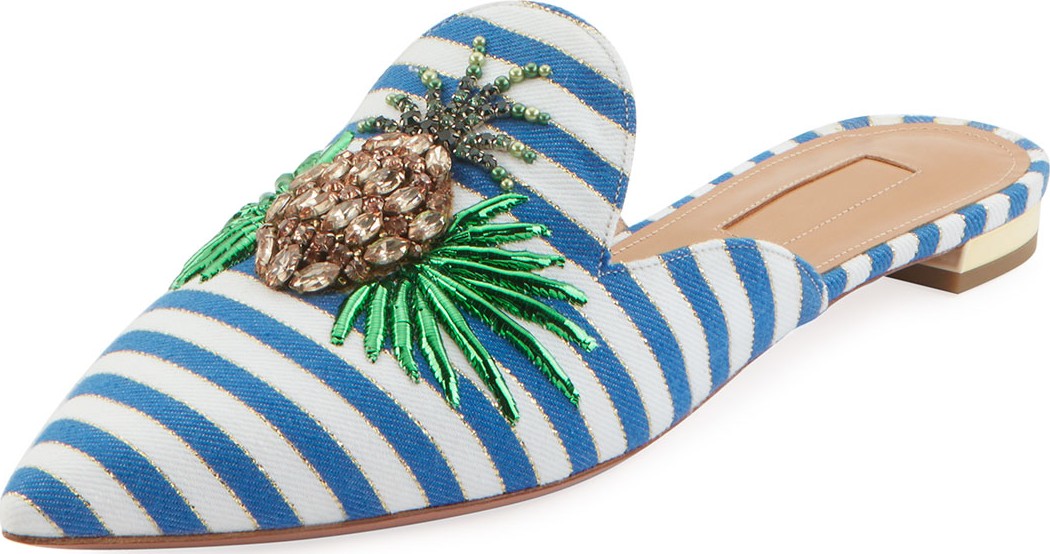 Aquazzura Pineapple Flat Nautical-Stripe Mules