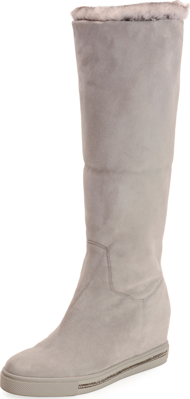 Rene Caovilla Skiara Suede Wedge Knee Boots with Fur Lining