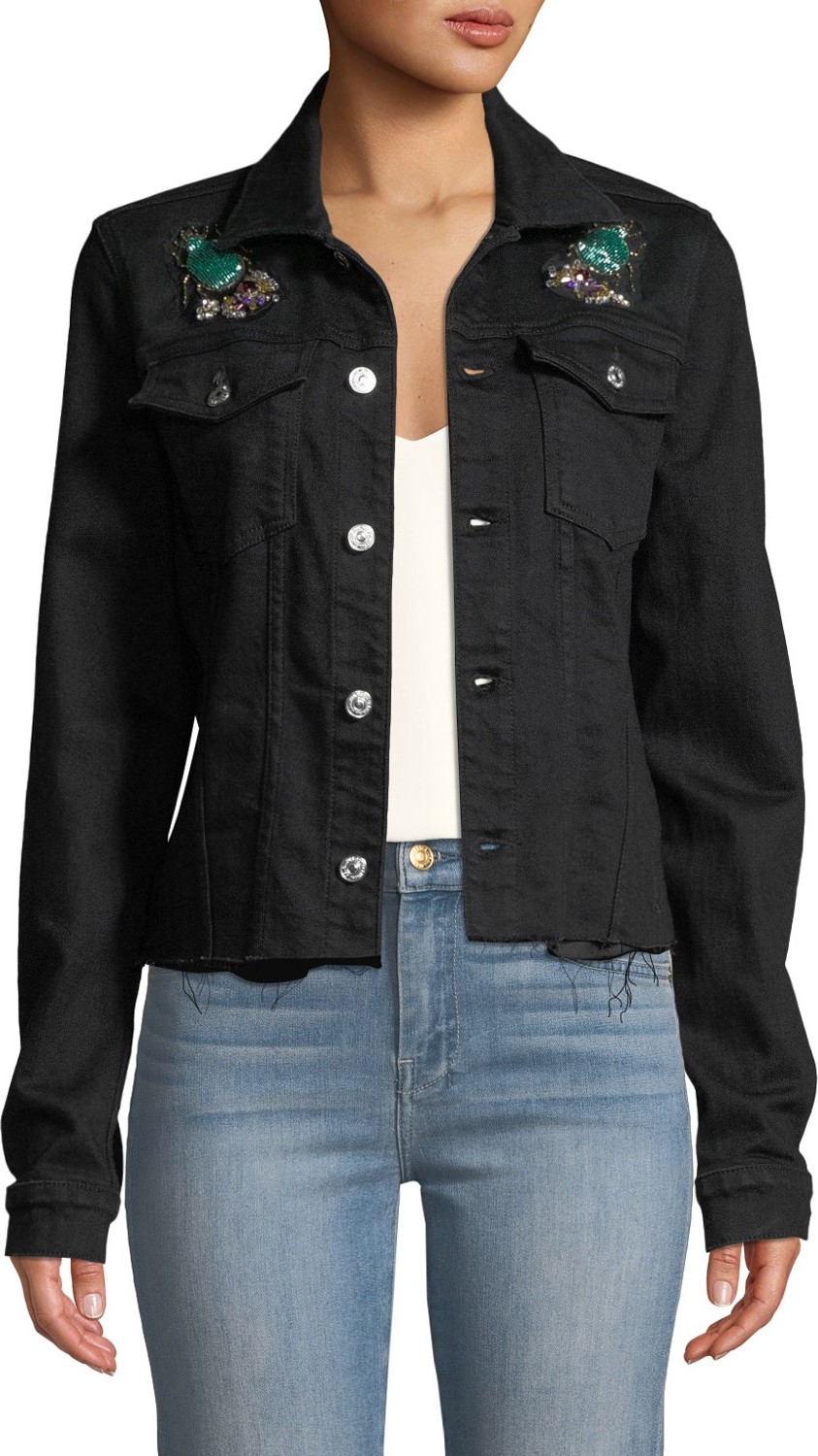 7 For All Mankind Embellished Frayed Denim Trucker Jacket