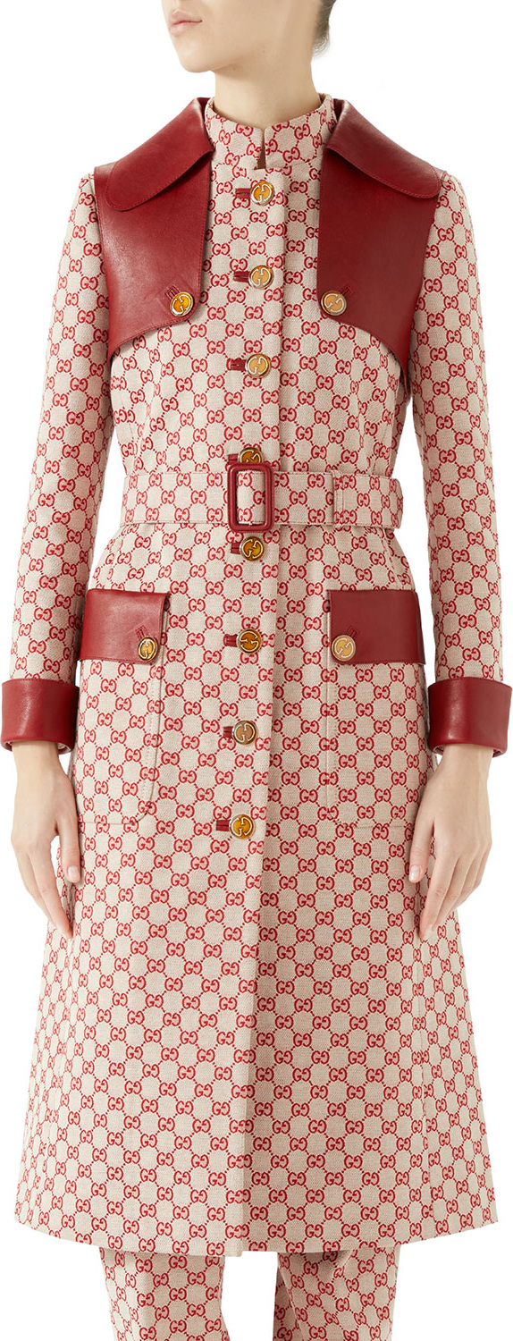 Gucci Button-Front GG Canvas Trench Coat w/ Leather Details