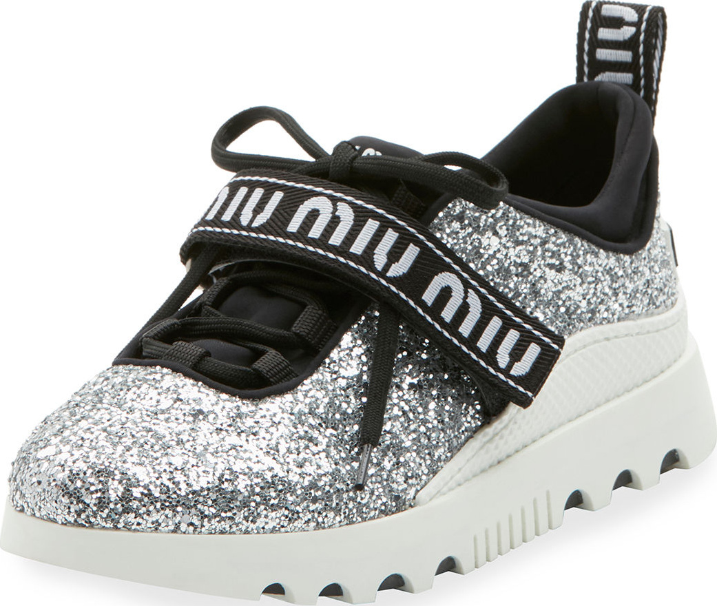 Miu Miu Glitter Platform Trainer with Logo Strap