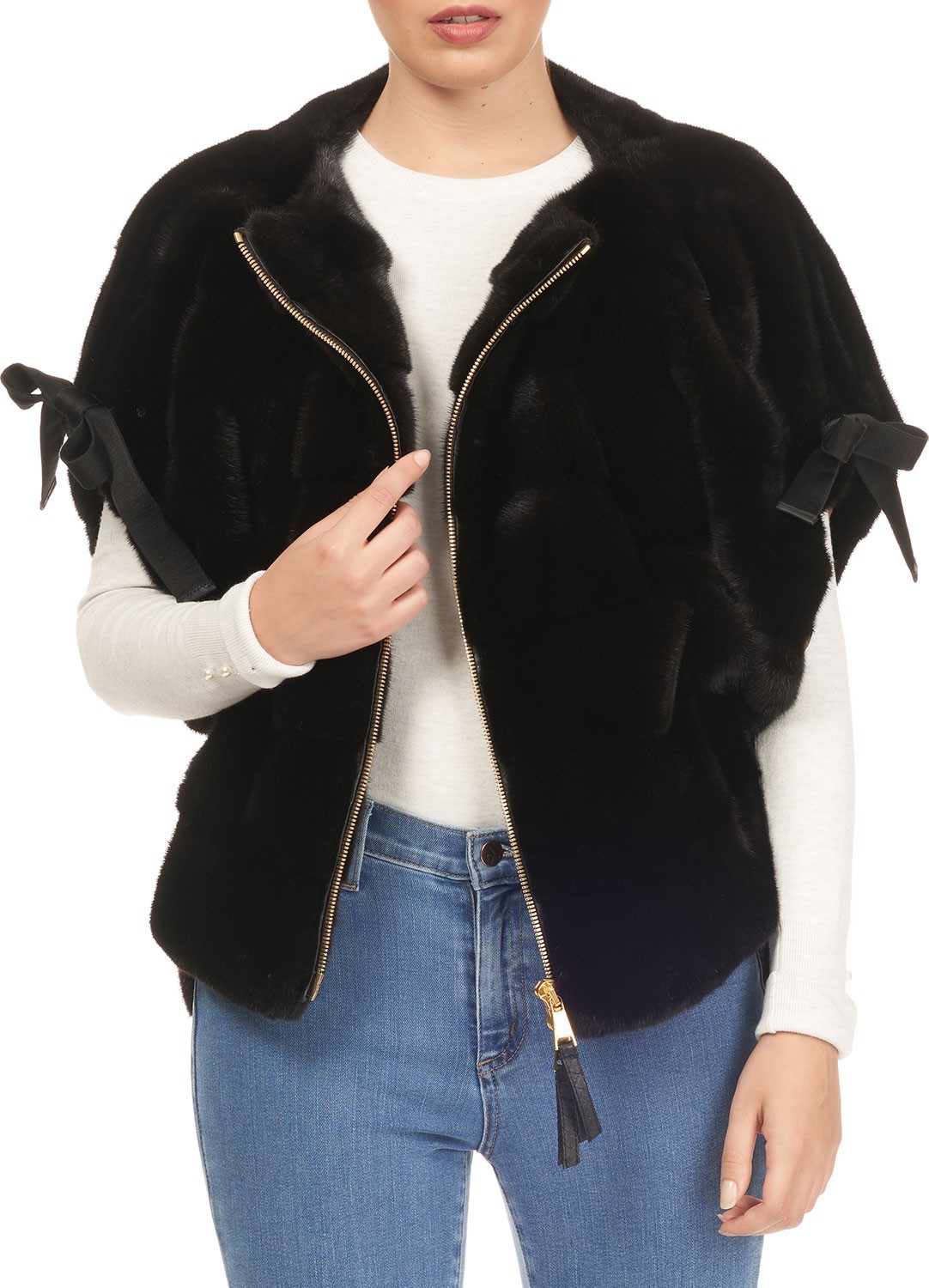 Tsoukas Short Tie-Sleeve Mink Fur Jacket