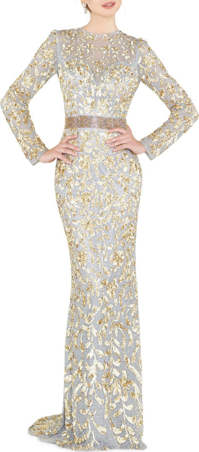 Mac Duggal Sequin High-Neck Long-Sleeve Illusion Gown w/ Open Back