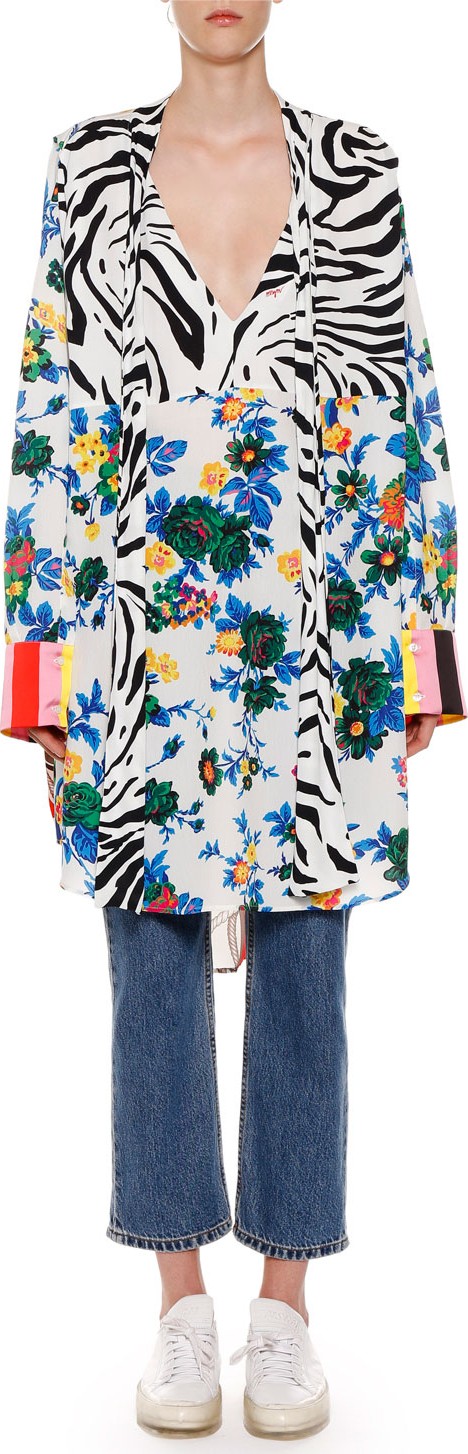 MSGM Amulet Roses Mix-Print Dress w/ Neck Tie