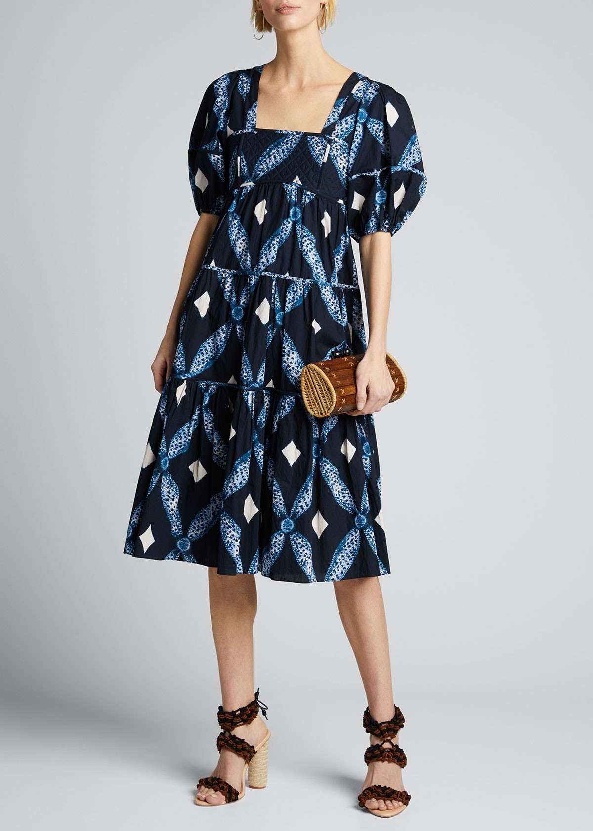 Ulla Johnson Nora Printed Square-Neck Puff-Sleeve Dress