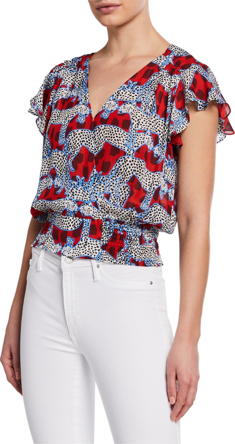 Parker Dearie Animal-Print V-Neck Short-Sleeve Blouse