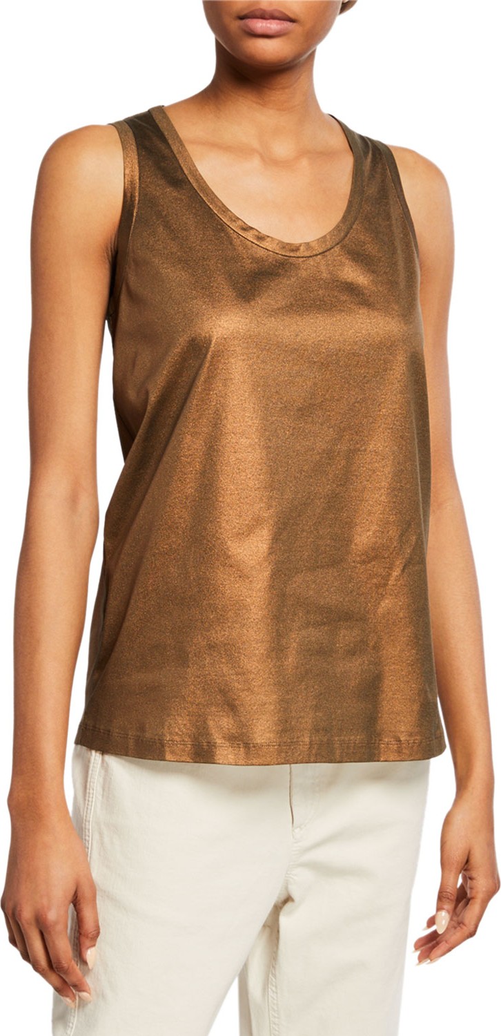 Brunello Cucinelli Sleeveless Metallic Cotton Scoop-Neck Top