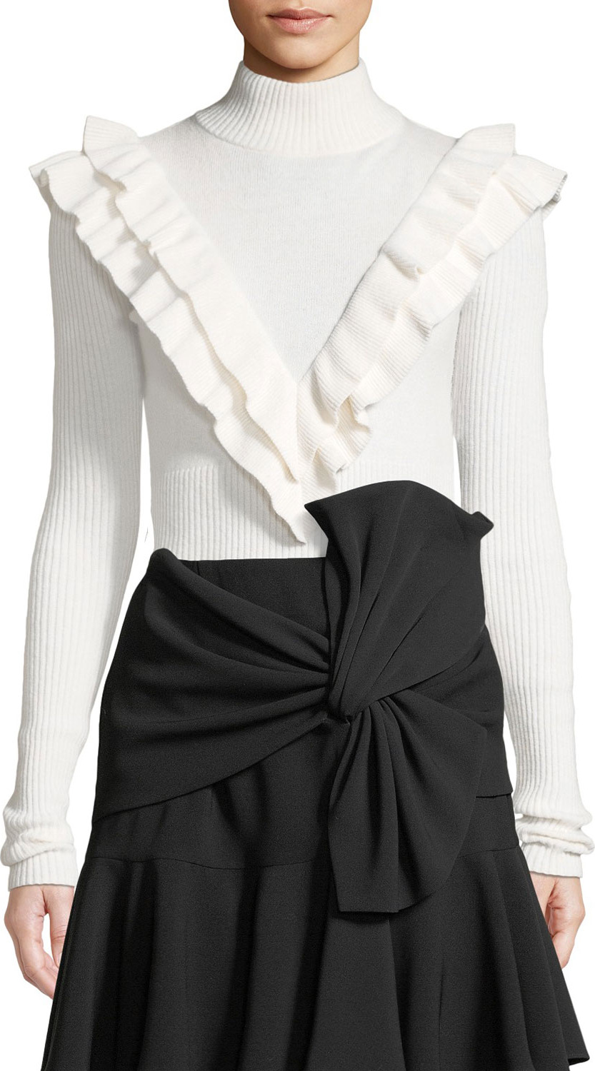 Cinq A Sept Palomino Ruffle Turtleneck Pullover Sweater