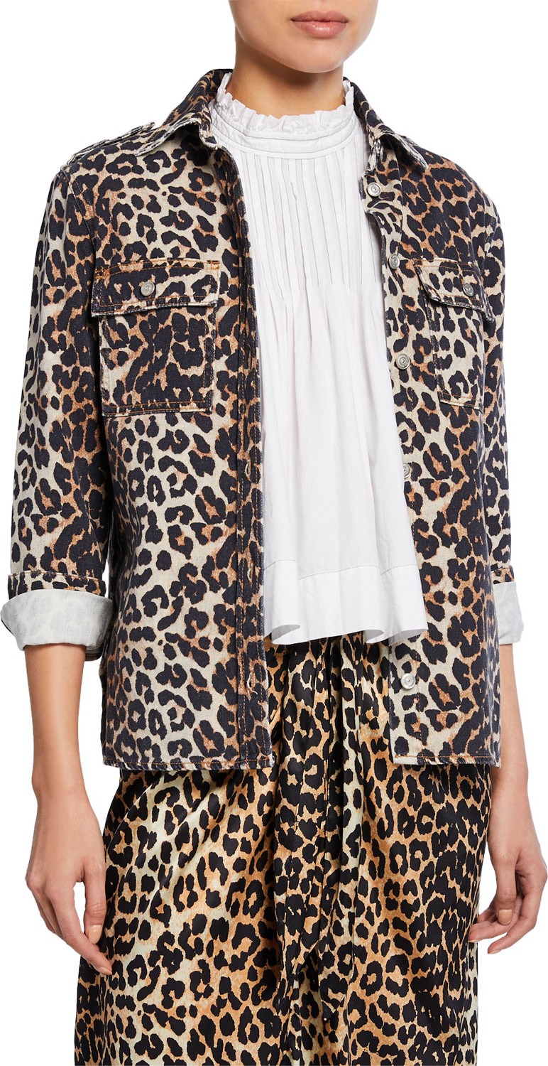 Ganni Leopard-Print Button-Front Denim Jacket