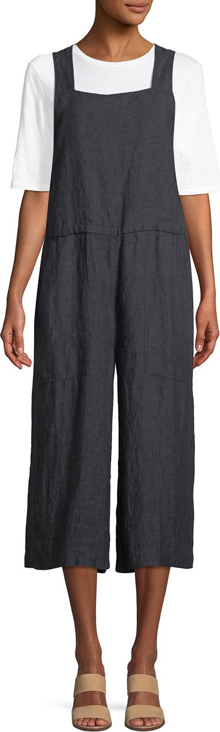 Eileen Fisher Linen Wide-Leg Cropped Overall Jumpsuit