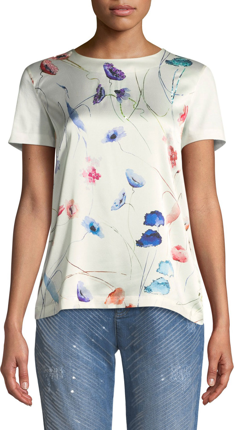 Escada Crewneck Short-Sleeve Sequin Floral-Print Tee