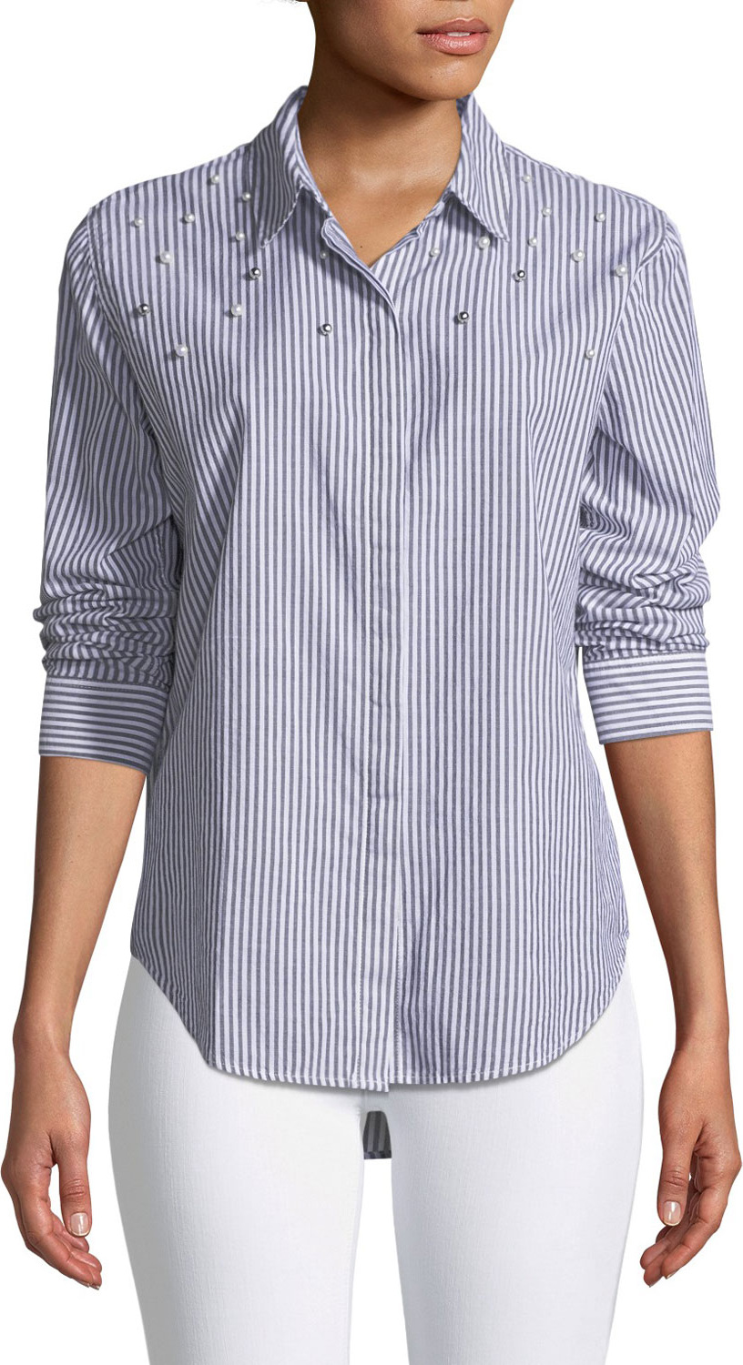 RAILS Taylor Button-Front Striped Cotton Shirt with Beaded Trim