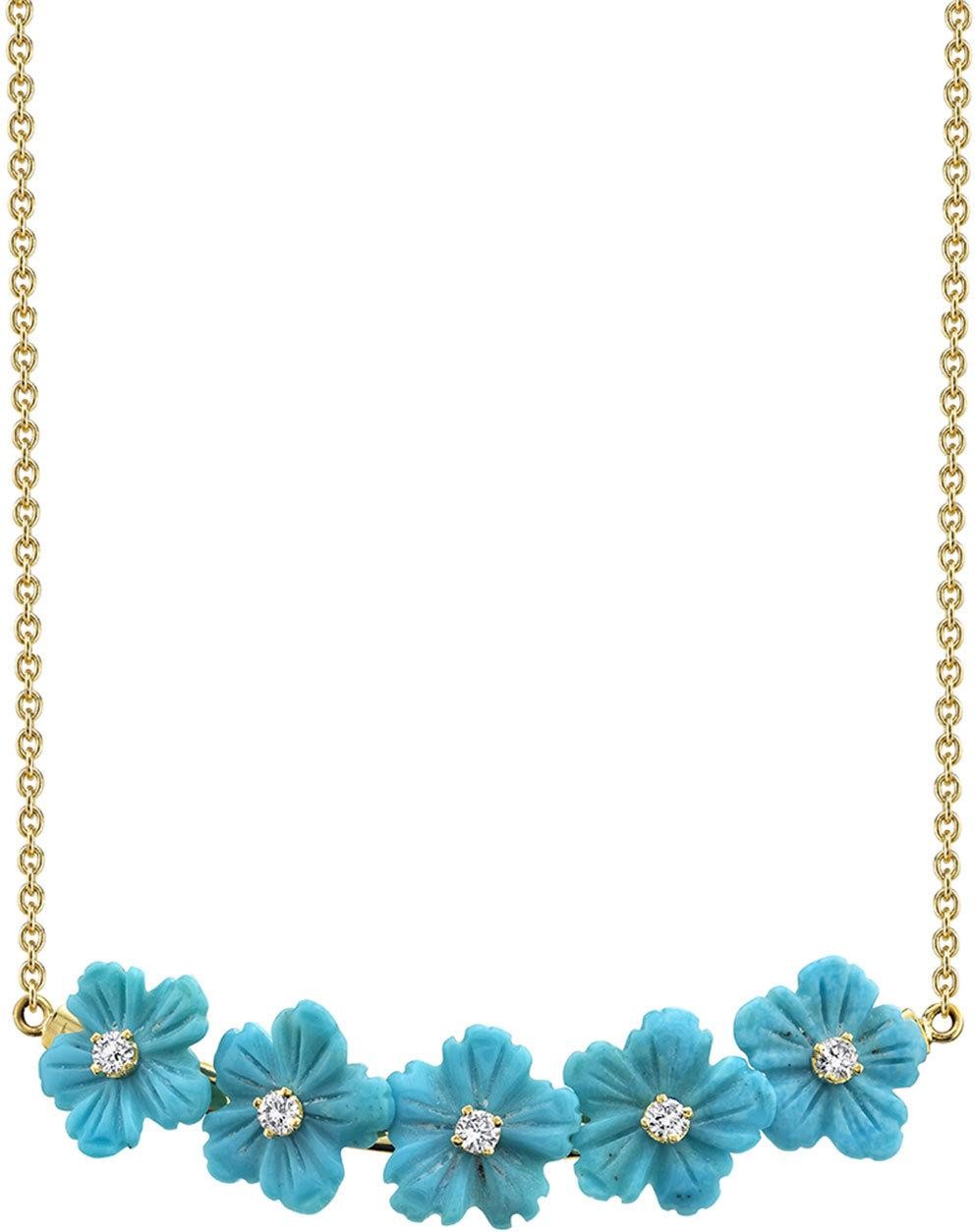 Cynthia Bach 18k Gold Turquoise & Diamond Flower Pendant Necklace