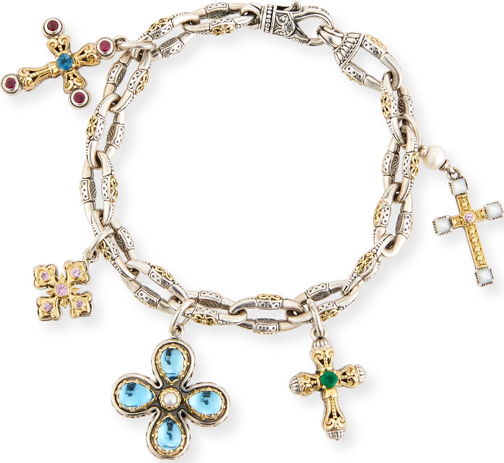 Konstantino Cross Charm Bracelet with Blue Topaz & Pearls
