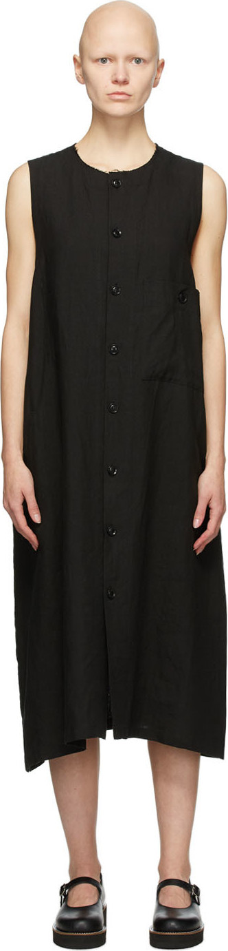 Y's By Yohji Yamamoto - Black Linen Pocket Mid-Length Dress Y's By Yohji Yamamoto - Black Linen Pocket Mid-Length Dress