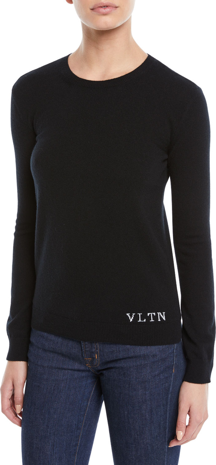 Valentino Crewneck Long-Sleeve Cashmere Pullover Sweater w/ VLTN on Bottom