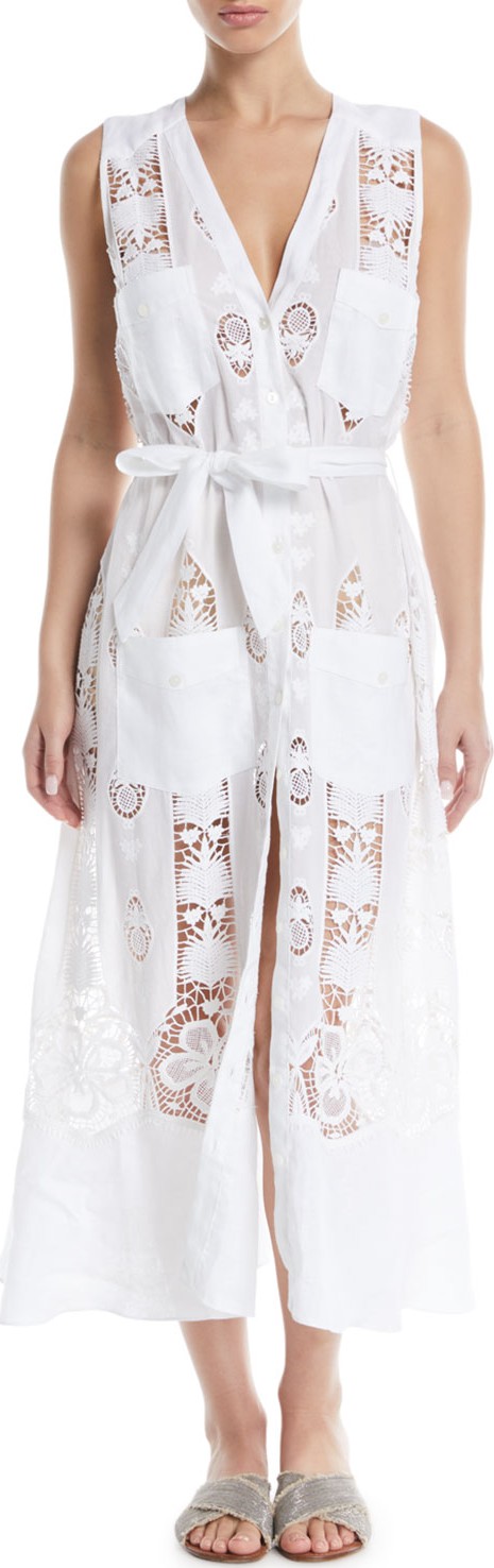 Miguelina Alexia Button-Front Sleeveless Lace Embroidered Cotton Coverup Dress