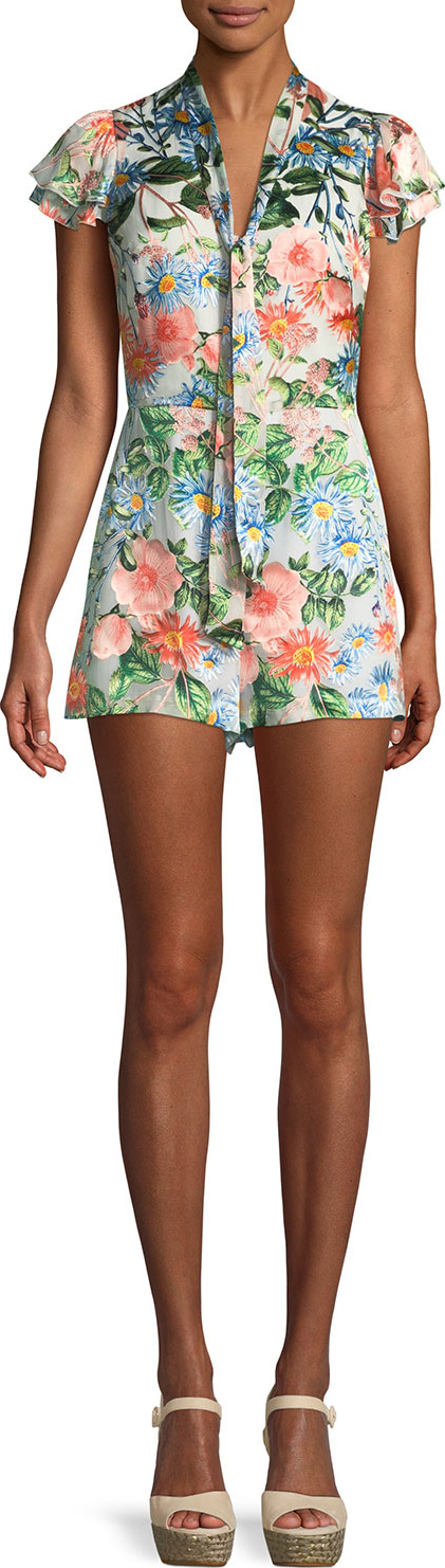 Alice + Olivia Macall Short-Sleeve Floral-Print Romper