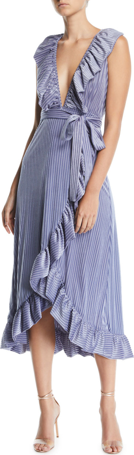 MISA Los Angeles Eve Pinstripe Velvet Ruffle Wrap Dress