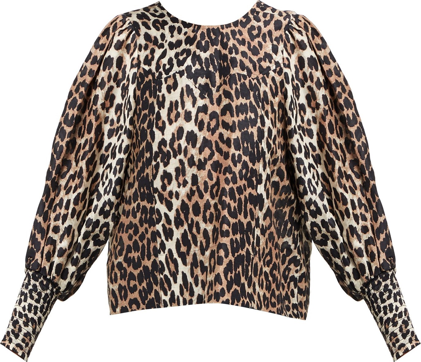 Ganni Leopard-print tie-back linen-blend top
