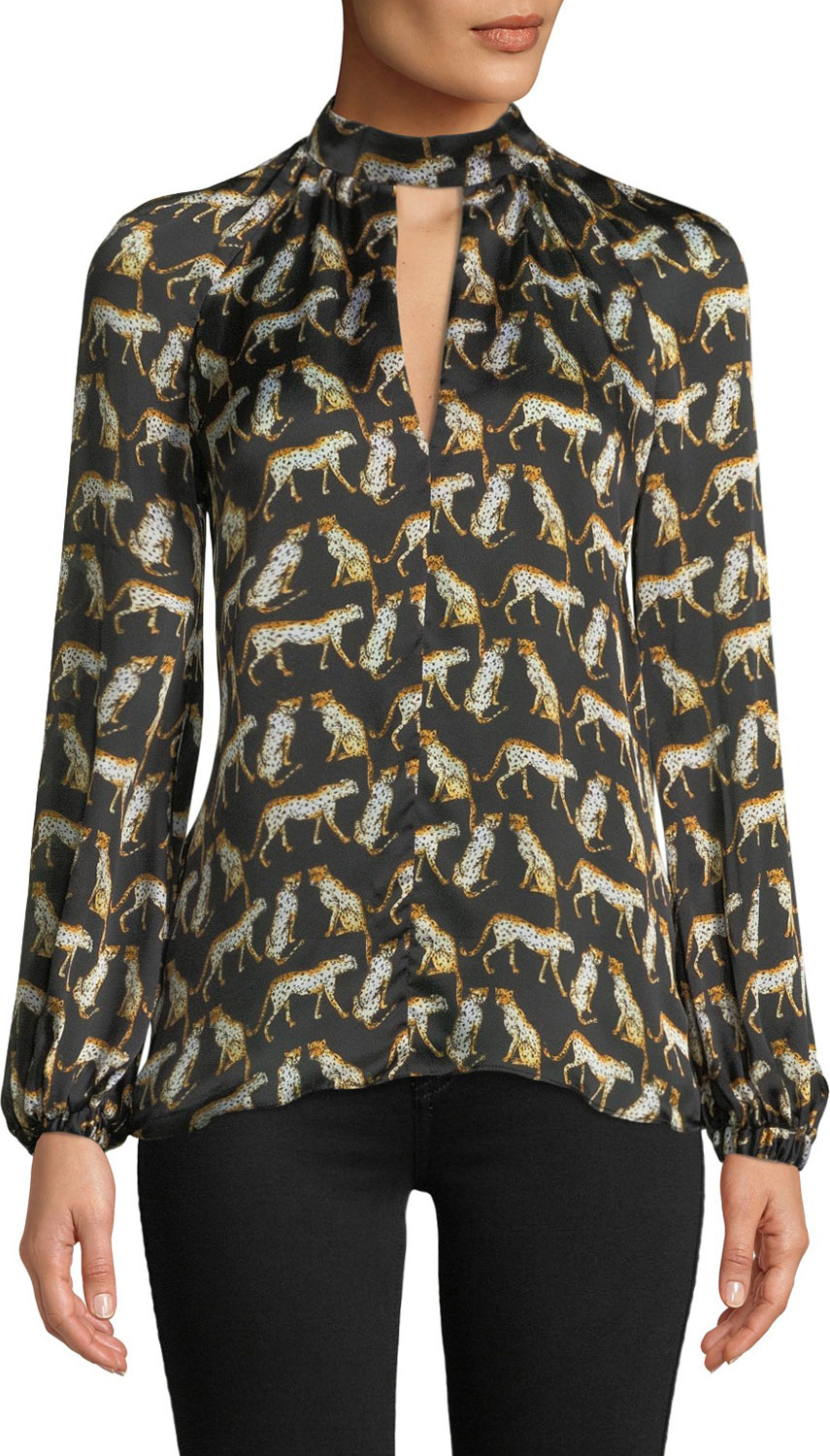 MILLY Emmie Long-Sleeve Cheetah-Print Silk Top