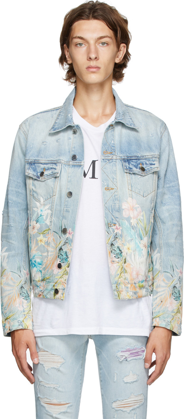 Amiri - Blue Denim Floral Leaf Trucker Jacket