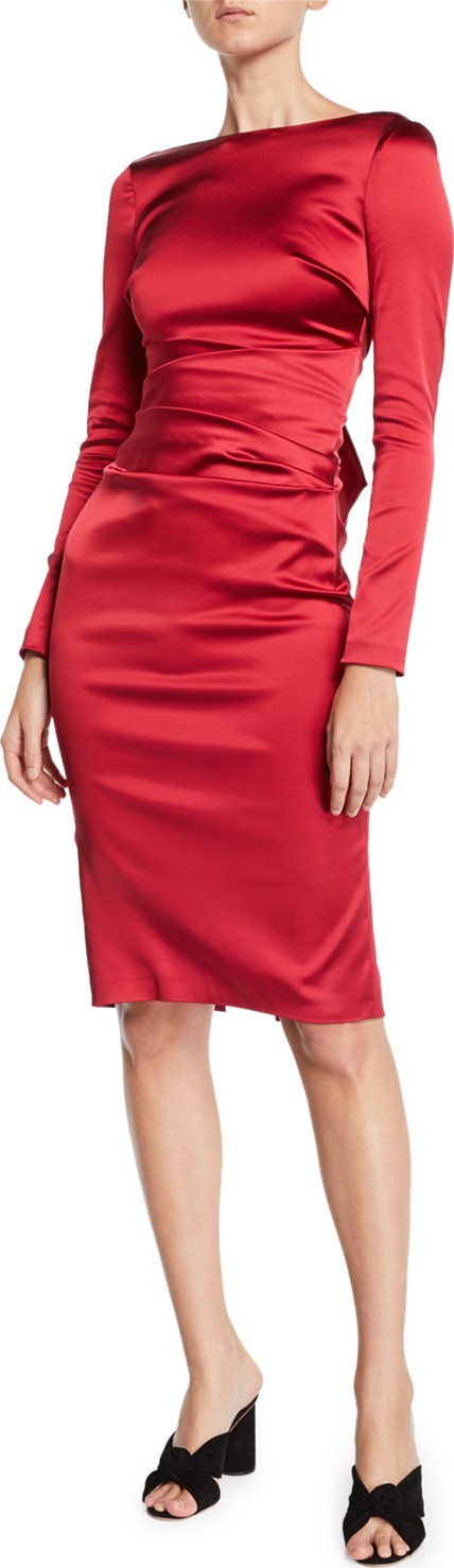Talbot Runhof Long-Sleeve Ruched Satin Cocktail Dress