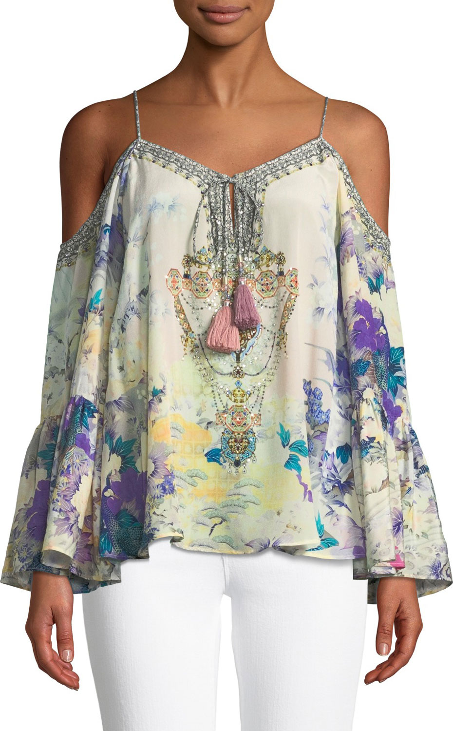 Camilla Printed Embellished Cold-Shoulder Silk Top