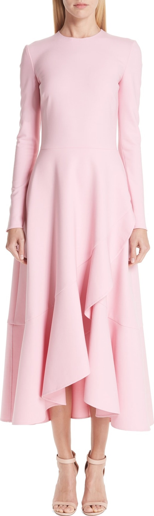 Oscar De La Renta High/Low Ruffle Hem Stretch Wool Midi Dress