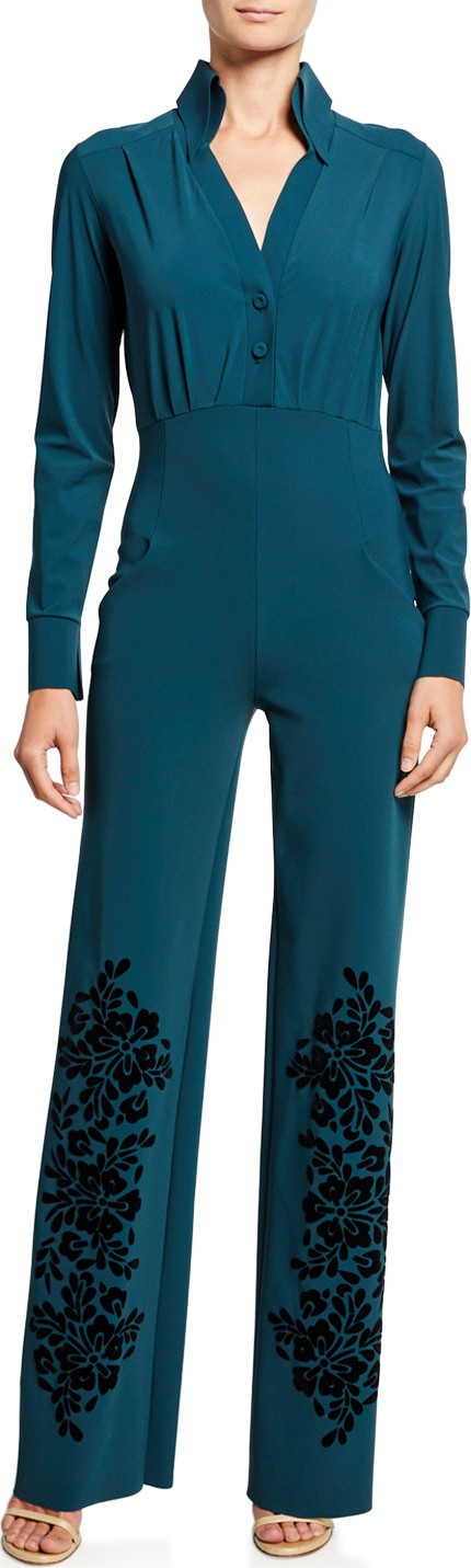 La Petite Robe di Chiara Boni Long-Sleeve Tuxedo Jumpsuit with Velvet Flocked Pant