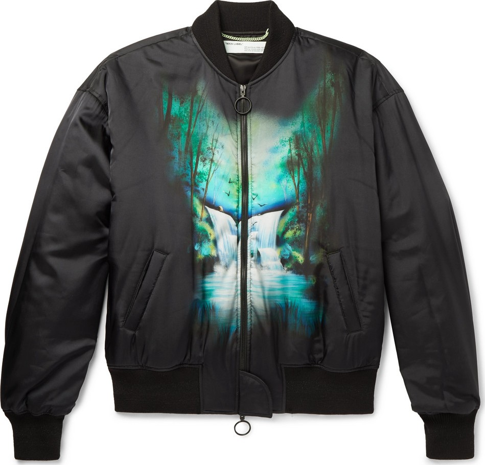 Off White Oversized Printed Satin Bomber Jacket
