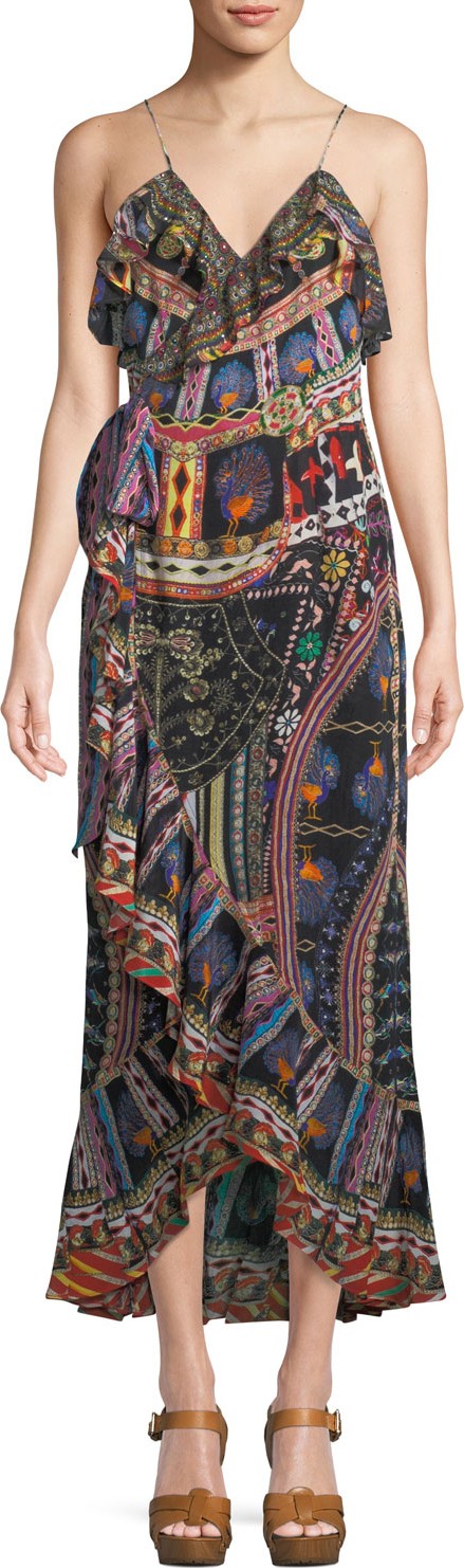 Camilla V-Neck Sleeveless Long Printed Wrap Dress w/ Frills