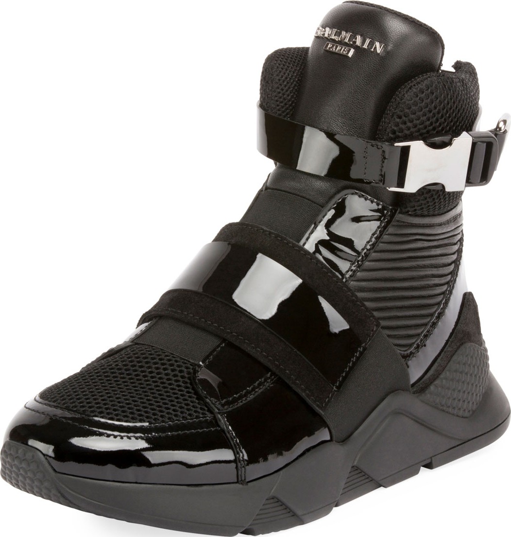 Balmain Men's Mesh High-Top Sneakers with Patent Leather Trim